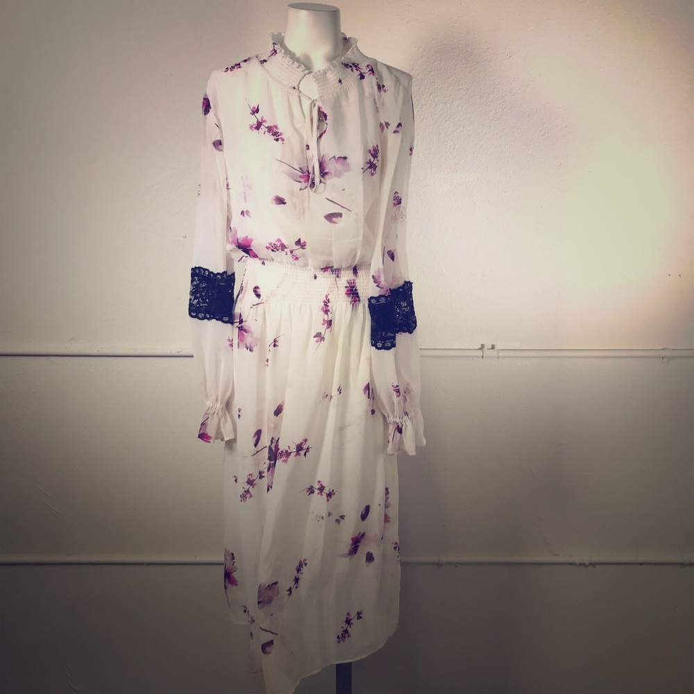 DKNY Smocked Waist Floral Print Midi Dress